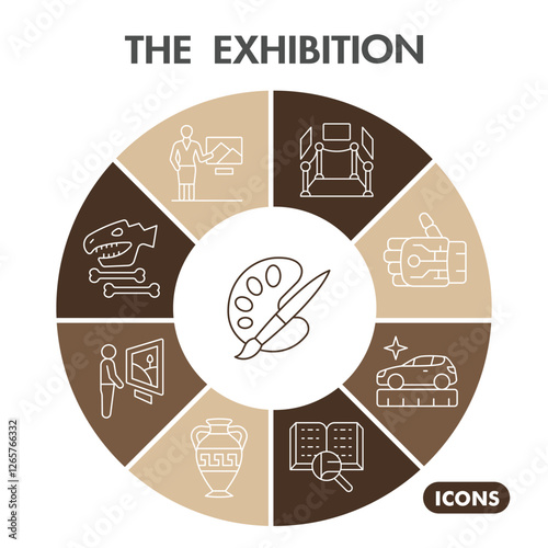 The exhibition symbols collection or sketches. exhibition opening theme diagram pie in linear style signs for web and app. Vector graphics isolated on white background.