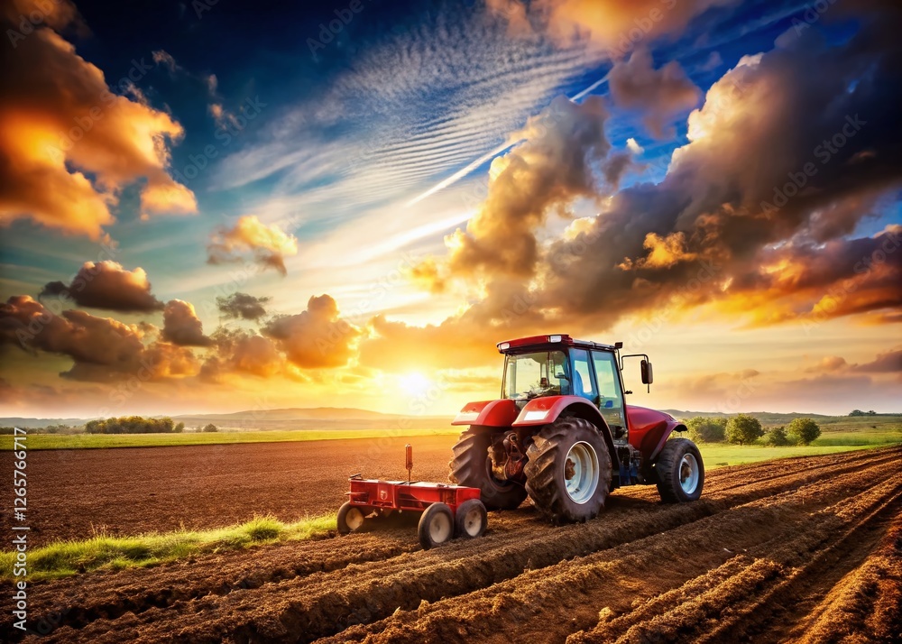 Fototapeta premium Farmer Plowing Field with Modern Tractor - Agricultural Landscape Stock Photo