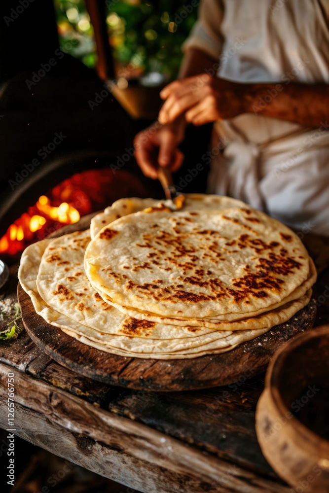 Baker prepares flatbread in wood-fired oven for restaurant or food photography Baker prepares flatbread in wood-fired oven for restaurant or food photography