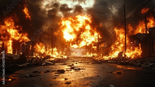 An apocalyptic scene filled with raging flames and billowing smoke, portraying the intense chaos and destruction that reflects deeper themes of loss, despair, and societal conflict.