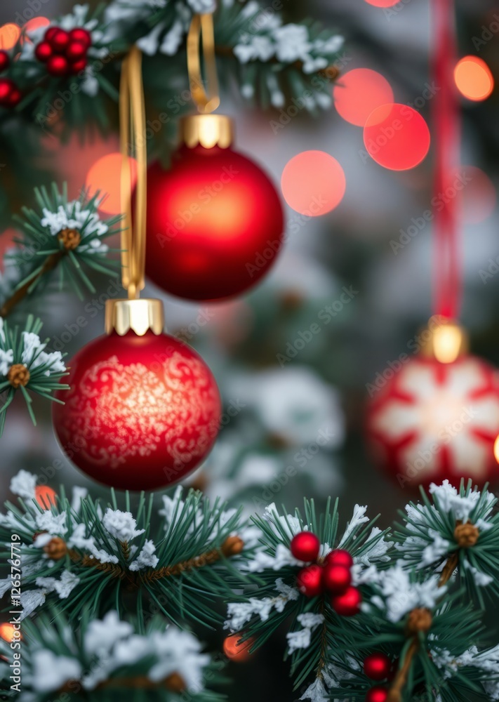 Fototapeta premium Festive christmas background featuring ornaments and pine branches perfect for holiday designs cards or seasonal promotions bokeh red bokeh abstract background glow design light texture effect sparkle