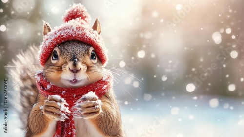 An enchanting squirrel dressed in a vibrant red scarf and hat admires the beauty of falling snow, embodying joy and warmth in a stunning winter landscape. photo