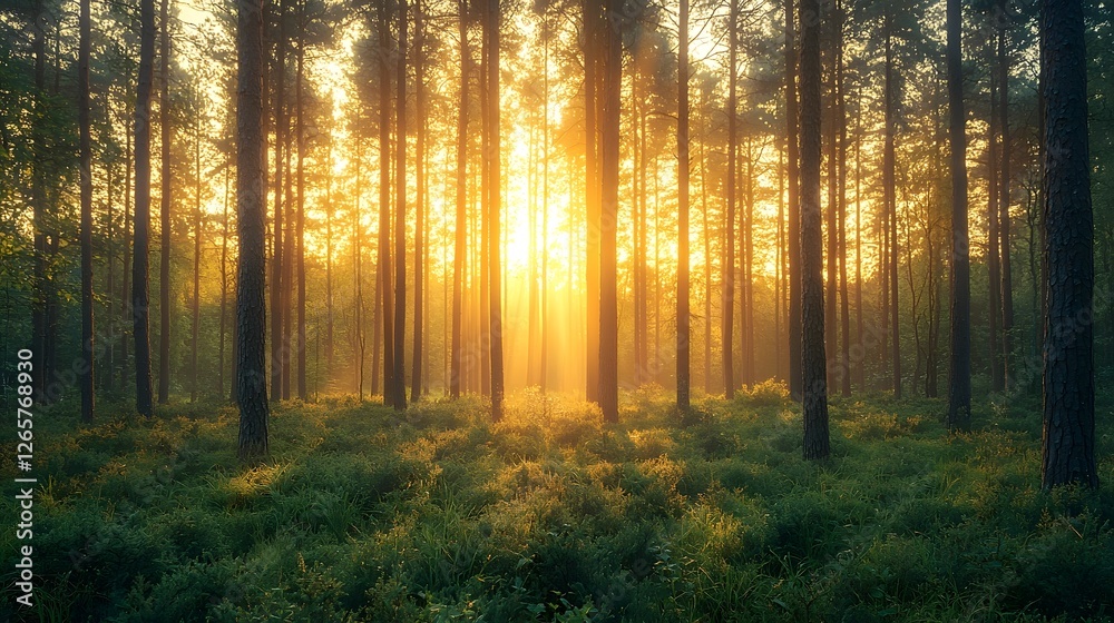 Fototapeta premium Sunrise Splendor in the Lush Green Forest with Towering Trees and Golden Light