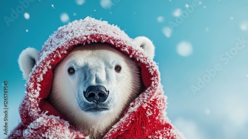 A delightful polar bear wrapped snugly in a red blanket, presenting an adorable sight against a snowy backdrop, encapsulating warmth and comfort in nature.