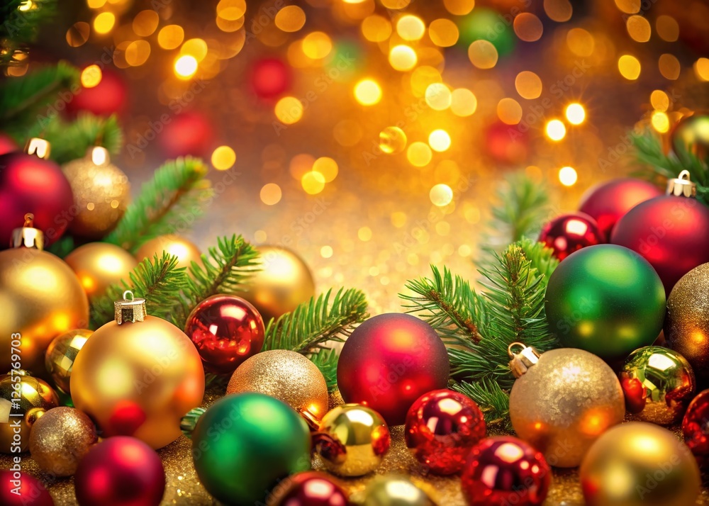 Festive Christmas bokeh background with red, gold, and green ornaments.