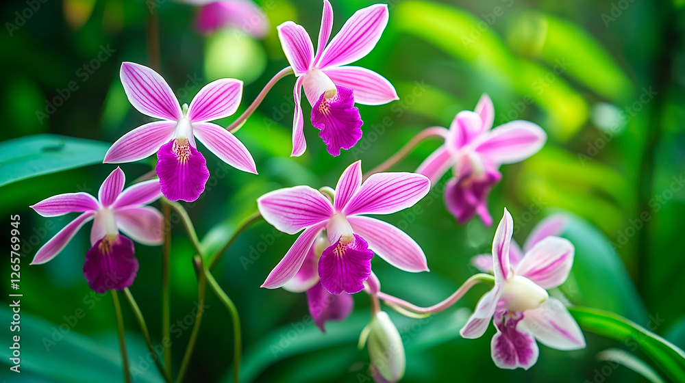 Blooming purple and white orchids in lush green garden Blooming purple and white orchids in lush green garden