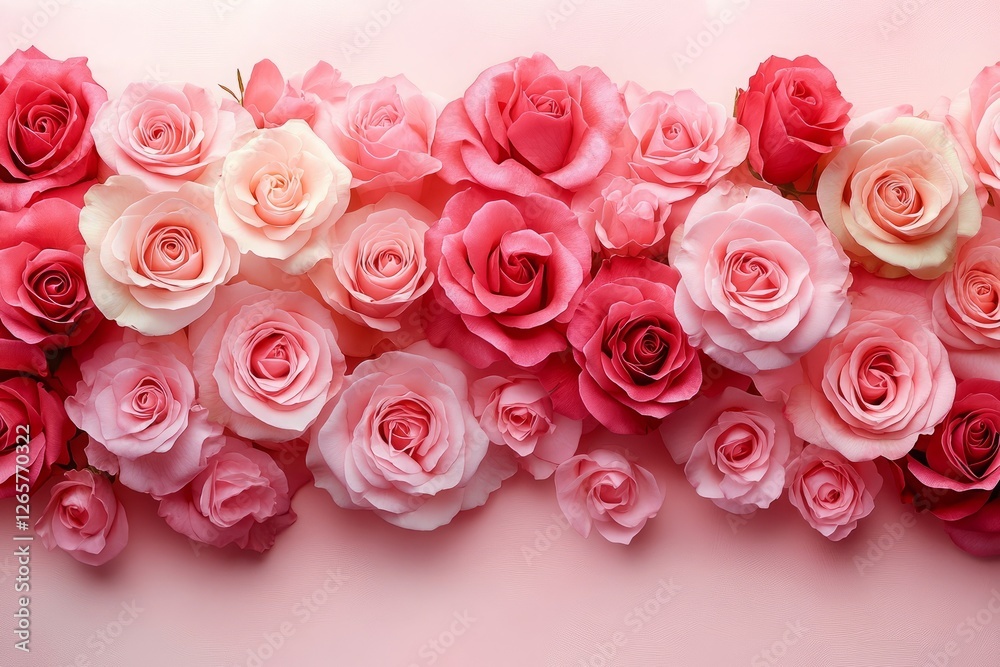 Fototapeta premium A soft pastel background featuring an array of delicate pink roses, creating a romantic and dreamy atmosphere for Valentine's Day or special events