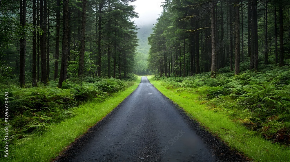 Naklejka premium Dark Wet Empty Road Through Green Misty Forest