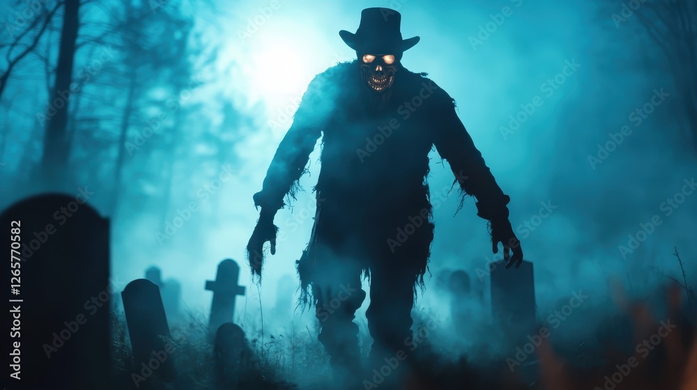 A haunting figure looms eerily in a misty graveyard, illuminated by moody light, creating a chilling atmosphere that conveys themes of mystery, fear, and the unknown. A haunting figure looms eerily in a misty graveyard, illuminated by moody light, creating a chilling atmosphere that conveys themes of mystery, fear, and the unknown.
