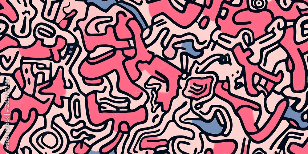 Abstract background seamless pattern of hand-drawn shapes and lines in blue and pink Abstract background seamless pattern of hand-drawn shapes and lines in blue and pink