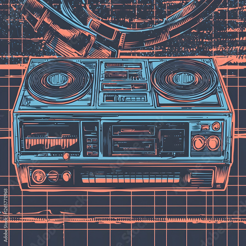 Retro Stereo System, 80s Technology, Futuristic Cityscape Background, Music Nostalgia, Ideal for Album Art or Tech Designs photo