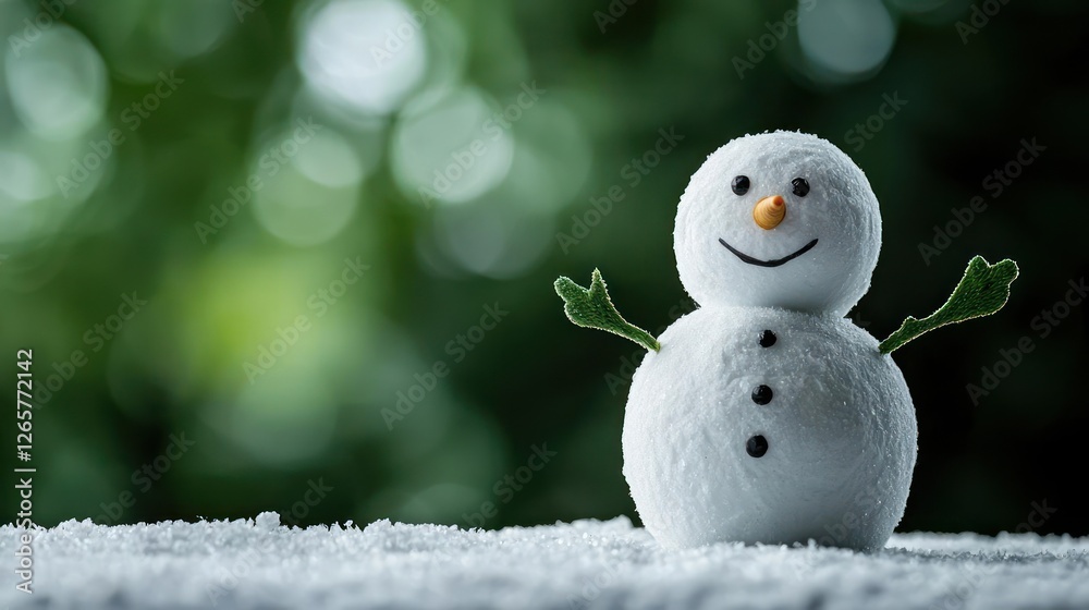 Obraz premium Small Snowman On Snowy Surface With Green Bokeh Background