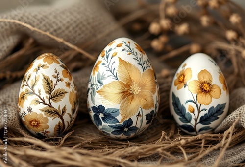 Hand-painted botanical eggs for elegant decor, accented with gold photo