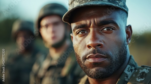 A soldier in uniform displays a defiant and intense gaze, emphasizing the steadfast resolve and readiness of military personnel in any environment. photo