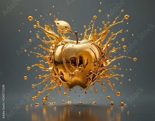 Golden Apple Splash Luxury 3d Render for Design