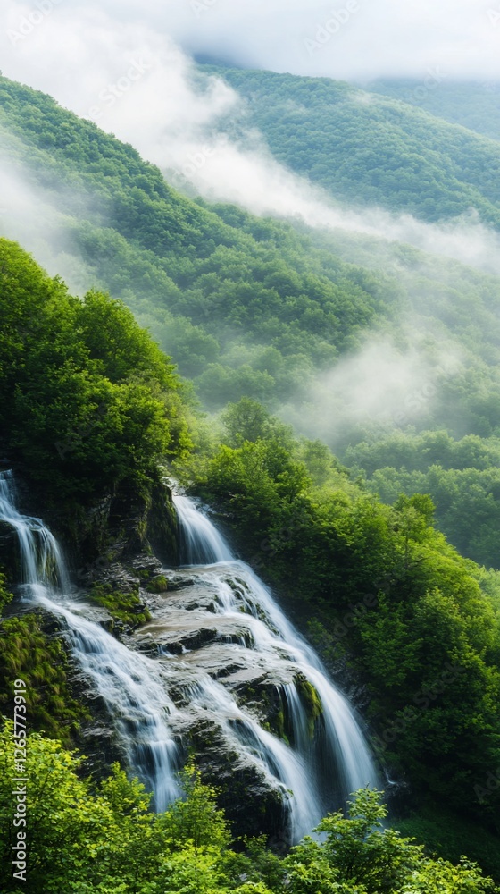 Obraz premium Mountain waterfall cascading, misty hills. Nature backdrop