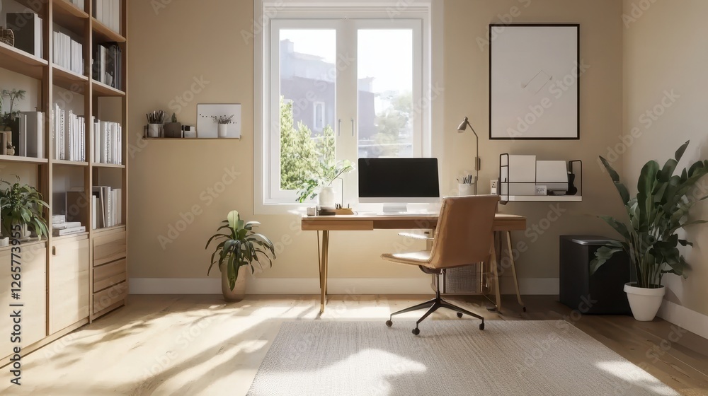 Fototapeta premium Brightly lit home office featuring wooden furniture and plants