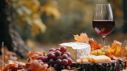 Fototapeta Naklejka Na Ścianę i Meble -  An inviting cheese and wine spread surrounded by colorful autumn leaves captures the essence of fall gatherings, evoking warmth, comfort, and the joy of shared moments.