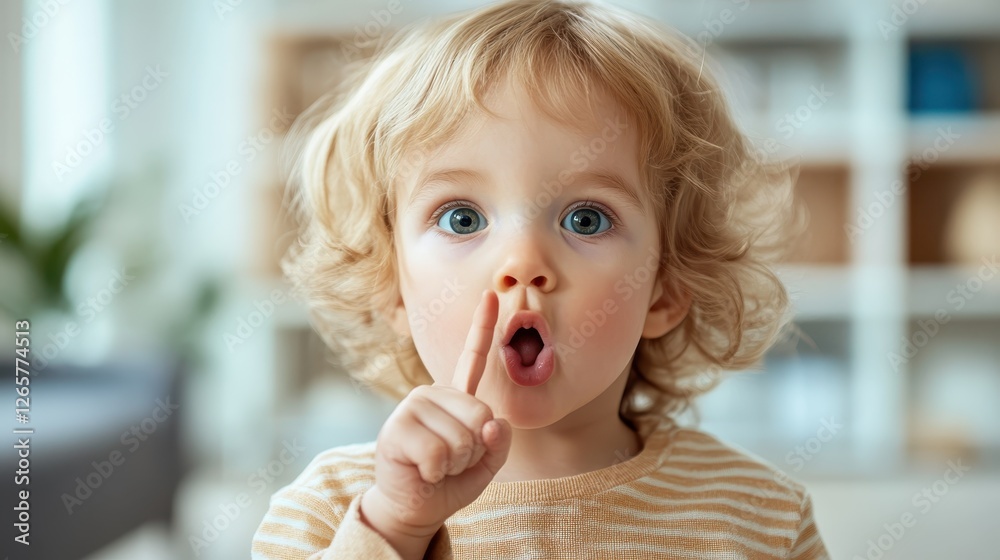 A charming child with curly hair gestures for silence while looking inquisitively into the camera, capturing the innocence and wonder of childhood in a warm, inviting space. A charming child with curly hair gestures for silence while looking inquisitively into the camera, capturing the innocence and wonder of childhood in a warm, inviting space.