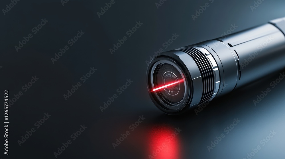 Close-up of a modern laser pointer with a bright red beam on a dark surface, showcasing cutting-edge design Close-up of a modern laser pointer with a bright red beam on a dark surface, showcasing cutting-edge design