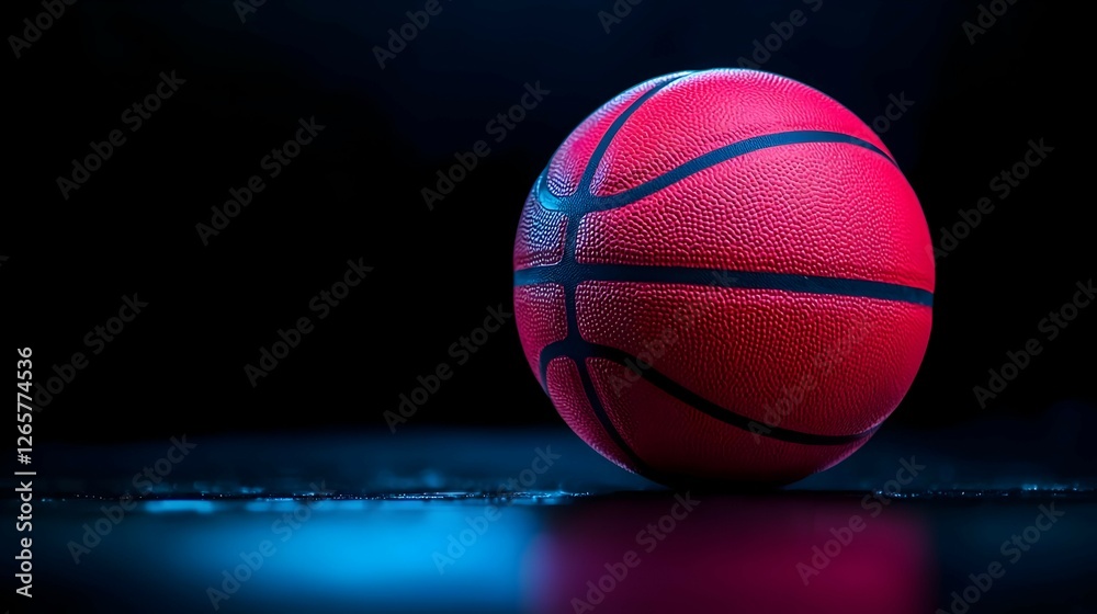 Fototapeta premium Red Basketball On Wet Dark Surface With Blue Reflection