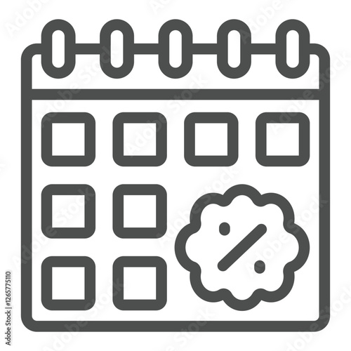 Calendar with discount date line icon, interest rate concept. Vector graphics. Appointment sign on white background, outline style icon for mobile or web design.