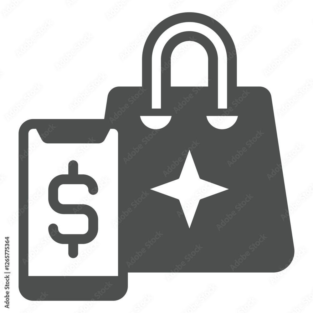 Smartphone with shopping bag solid icon, consumer packet concept. Vector graphics. Phone with dollar and bag sign on white background, glyph style icon for mobile or web design.