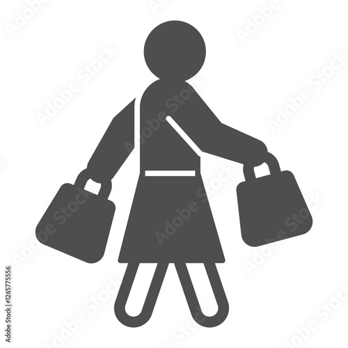 Woman walk for shopping solid icon, consumer bag concept. Vector graphics. Lady with shopping packets sign on white background, glyph style icon for mobile or web design.