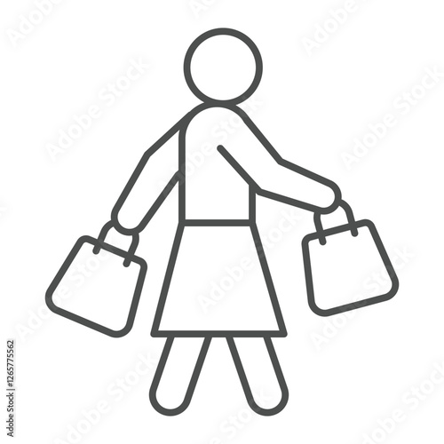 Woman walk for shopping thin line icon, consumer bag concept. Vector graphics. Lady with shopping packets sign on white background, outline style icon for mobile or web design.