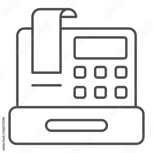 Cash register with check bill thin line icon, shopping purchase concept. Vector graphics. Money safe device sign on white background, outline style icon for mobile or web design.