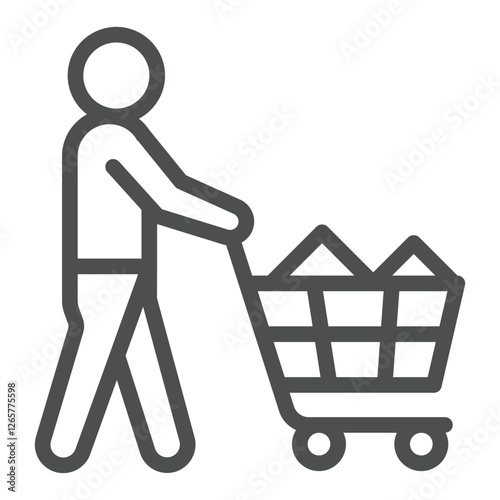 Man with shopping cart line icon, consumer buyer concept. Vector graphics. Human and full trolley sign on white background, outline style icon for mobile or web design.