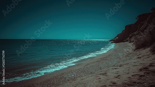 Coastal scene at dusk, tranquil beach, rocky cliff background, digital art style photo