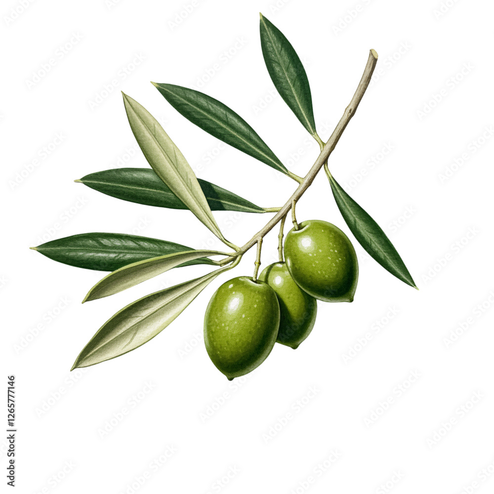 A meticulously detailed illustration showcases a branch of olives with vibrant green leaves and plump, glossy olives A meticulously detailed illustration showcases a branch of olives with vibrant green leaves and plump, glossy olives