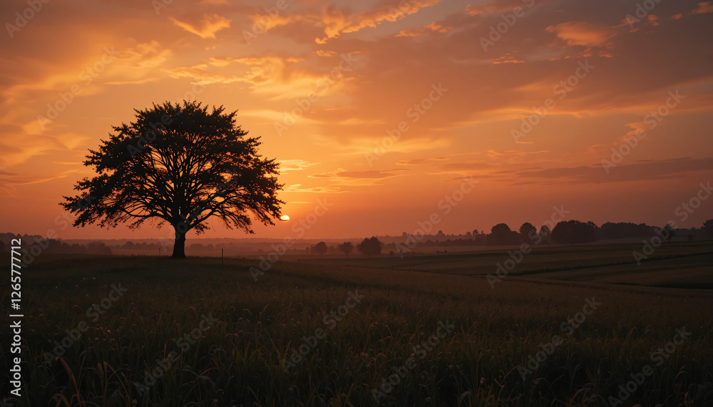 Fototapeta premium Silhouette Tree Sunrise Over Field