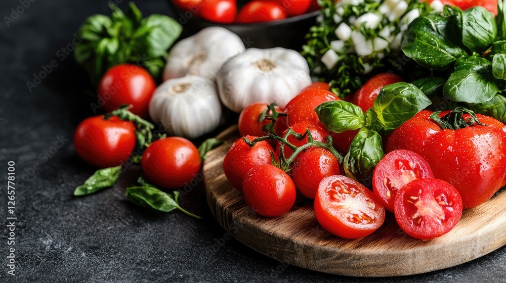 Fresh Tomatoes, Basil, and Garlic on a Wooden Board Fresh Tomatoes, Basil, and Garlic on a Wooden Board