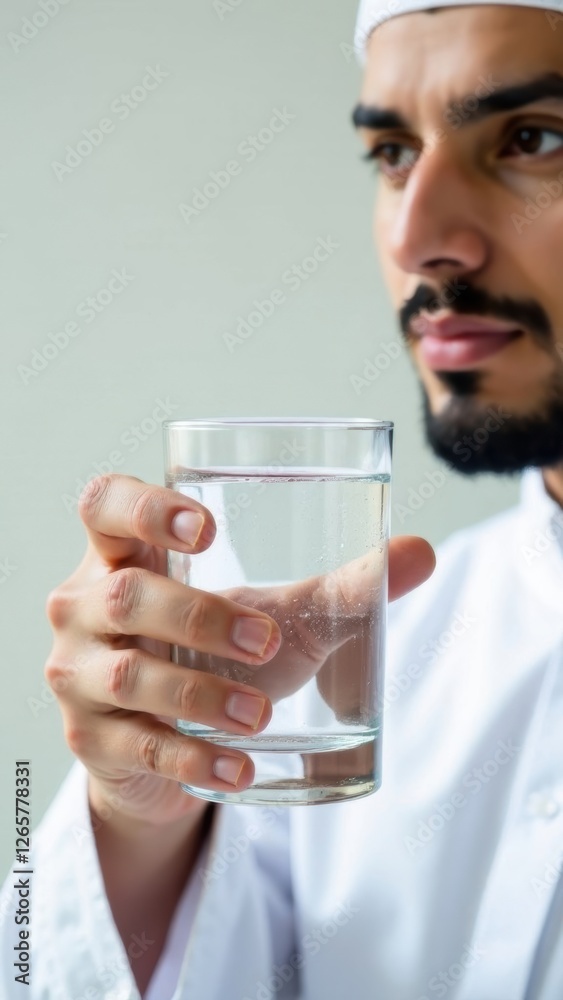 Muslim man holding glass of fresh water during ramadan Muslim man holding glass of fresh water during ramadan