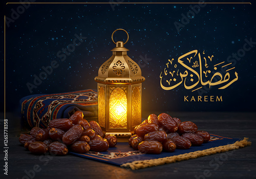 A festive Ramadan Kareem banner with dates, a prayer mat, and a glowing lantern, symbolizing the holy month. photo