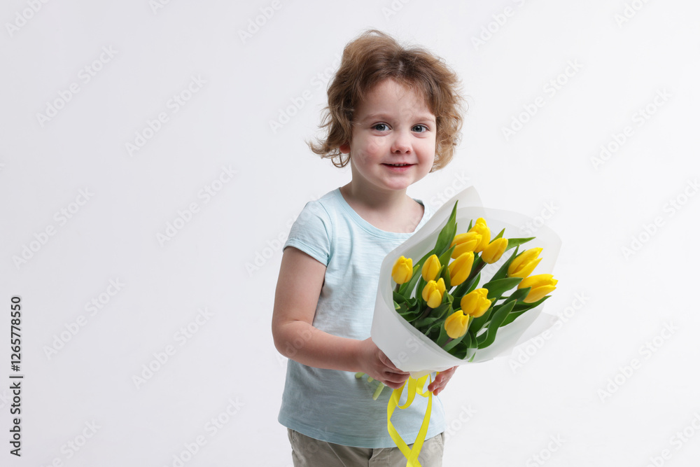 Cute little boy with bouquet of tulips on white background Cute little boy with bouquet of tulips on white background