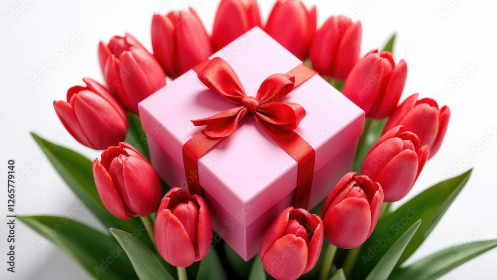 Fototapeta premium An Elegant Gift Box Surrounded by Beautiful and Charming Red Tulips in Full Bloom