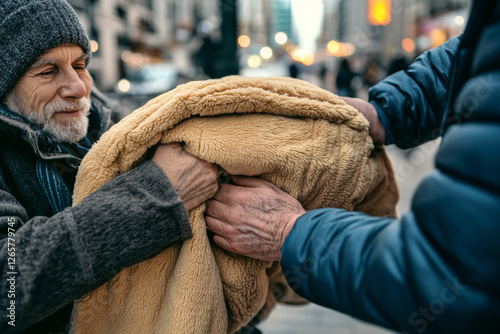 Volunteer giving warm blanket to homeless aged person in need. Charity and human support concept