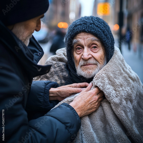 Volunteer giving warm blanket to homeless aged person in need. Charity and human support concept