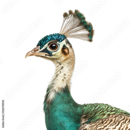 Young peacock with unfolding tail feathers in soft light