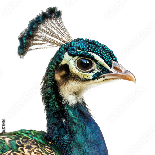 Young peacock with unfolding tail feathers in soft light
