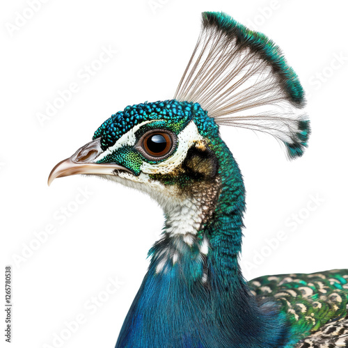 Young peacock with unfolding tail feathers in soft light