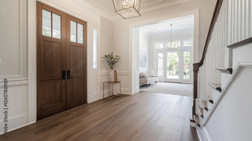 Obraz premium Bright modern foyer with hardwood floors and elegant staircase