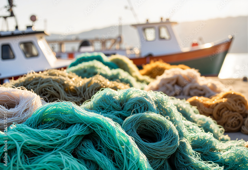 Fishing nets piled at dock in soft morning light, coastal serenity Fishing nets piled at dock in soft morning light, coastal serenity