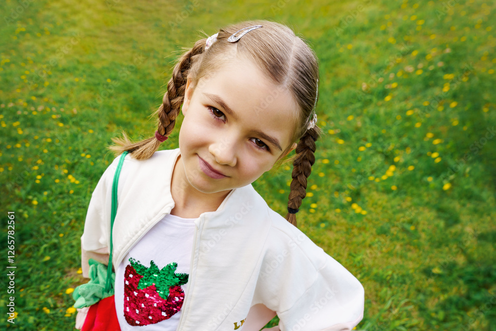On a summer day, a pretty girl with her hair in pigtails smiles sweetly and stares intently at the photographer. On a summer day, a pretty girl with her hair in pigtails smiles sweetly and stares intently at the photographer.