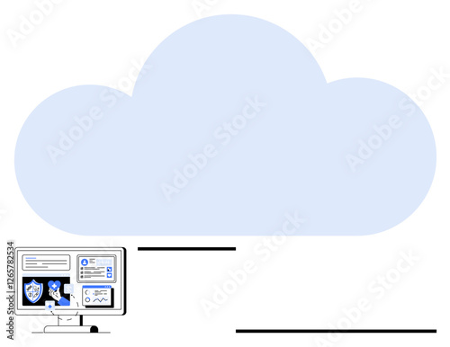 Large blue cloud above a computer displaying security shields, data analytics, and system monitoring. Ideal for cloud technology, security, data storage, IT solutions, cybersecurity, online privacy