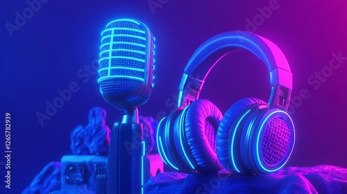 A glowing neon blue and purple background emphasizes a podcast microphone and headphones.