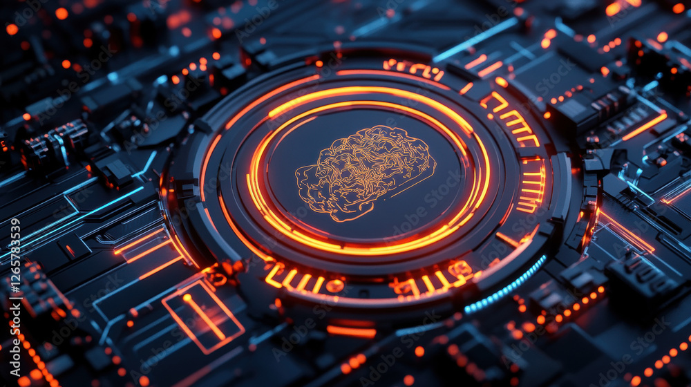 Digital technology, 3D rendering of a brain-machine interface showcasing technology and high fidelity detail. Digital technology, 3D rendering of a brain-machine interface showcasing technology and high fidelity detail.